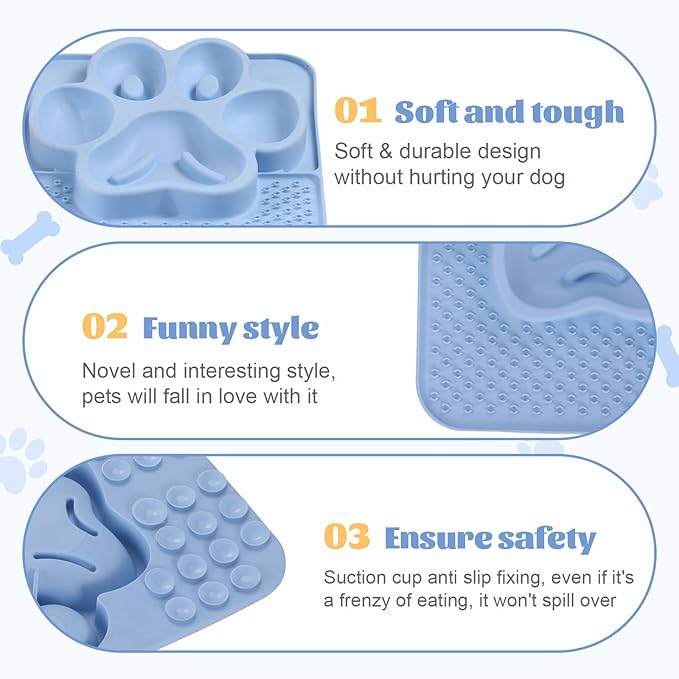Silicone Slow Feeder Dog Bowls & Cat Bowls, 2 Cups Small Pet Food Bowl with Non-Slip Suction Base, Food-Grade Safe Puzzle Feeder for Small & Medium Dogs & Indoor Cats (Paw Lick Mat (Blue))