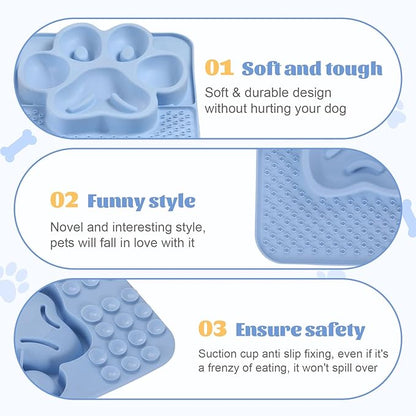 Silicone Slow Feeder Dog Bowls & Cat Bowls, 2 Cups Small Pet Food Bowl with Non-Slip Suction Base, Food-Grade Safe Puzzle Feeder for Small & Medium Dogs & Indoor Cats (Paw Lick Mat (Blue))