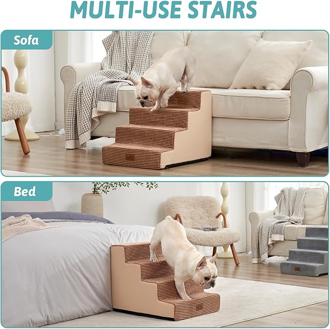 Dog Stairs for Small Dogs, 17.7" Extra Wide Right-Angle Pet Stairs for Couch and Beds, Anti-Slip Dog Steps for Old Cats and Lowrider, 17.7x23.6x17.7 inch,Light Brown