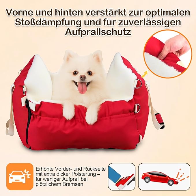 SIVES Dog Car Seat for Small Dogs, Soft Booster Seat Travel Bed with Side Flaps, Non-Slip Base, Seat Belt Straps + Safety Tether, Storage Pocket, Washable Cushion, Recommended Up to 33 lbs, Red