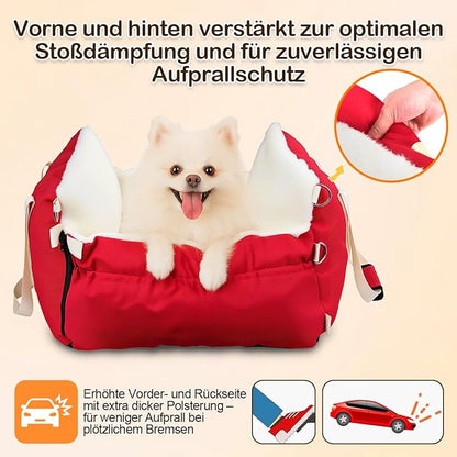 SIVES Dog Car Seat for Small Dogs, Soft Booster Seat Travel Bed with Side Flaps, Non-Slip Base, Seat Belt Straps + Safety Tether, Storage Pocket, Washable Cushion, Recommended Up to 33 lbs, Red