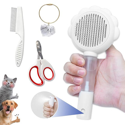 Cat Brushes For Indoor Cats, Cat Shedding Brush With Pet Flea Comb & Pet Nail Clippers, Slicker Brush For Dogs & Rabbit Grooming Kit, Spray Hair Removal Comb With Release Button & Visual Spray, White