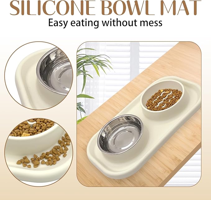BNOSDM Slow Feeder Dog Cat Bowls, Stainless Steel with Silicone Mat Dog Food and Water Bowls Set, Pet Feeding Dish to Slow Down Eating for Cats and Small Dogs Puppy, Grey