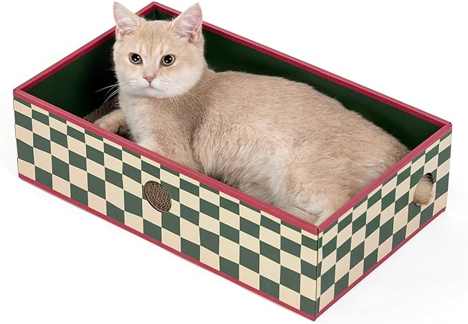 Cat Scratcher Box with 3-Layer Corrugated Pad, Heavy-Duty Double-Sided Cardboard Scratching Board & Bed, Checkered Design, for Cats, Large