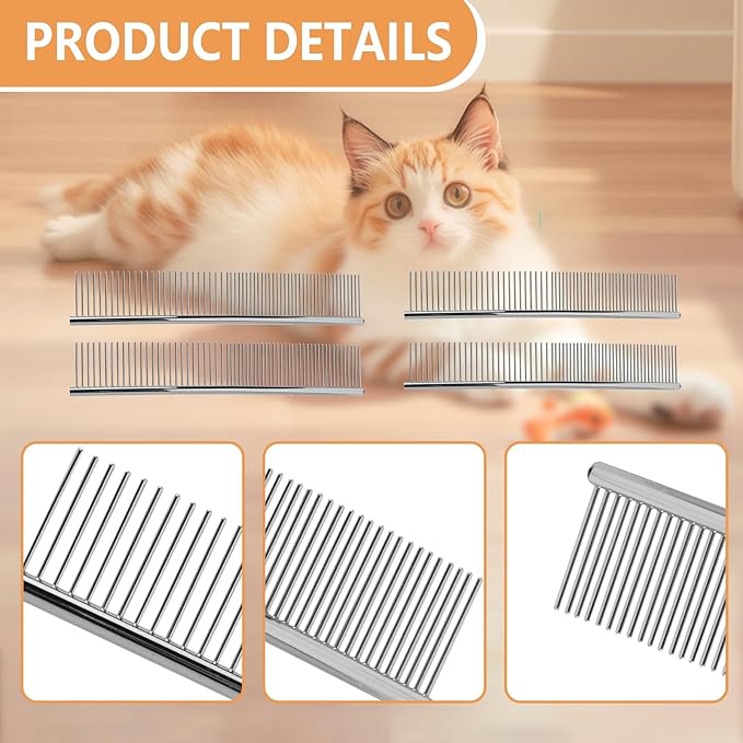 4 Pcs Stainless Steel Pet Comb Set, Dematting Grooming Tool for Dogs and Cats, Medium and Small Size Combs for Daily Home Detangling Long Short Animal Hair, for Pet Owner and Home Grooming
