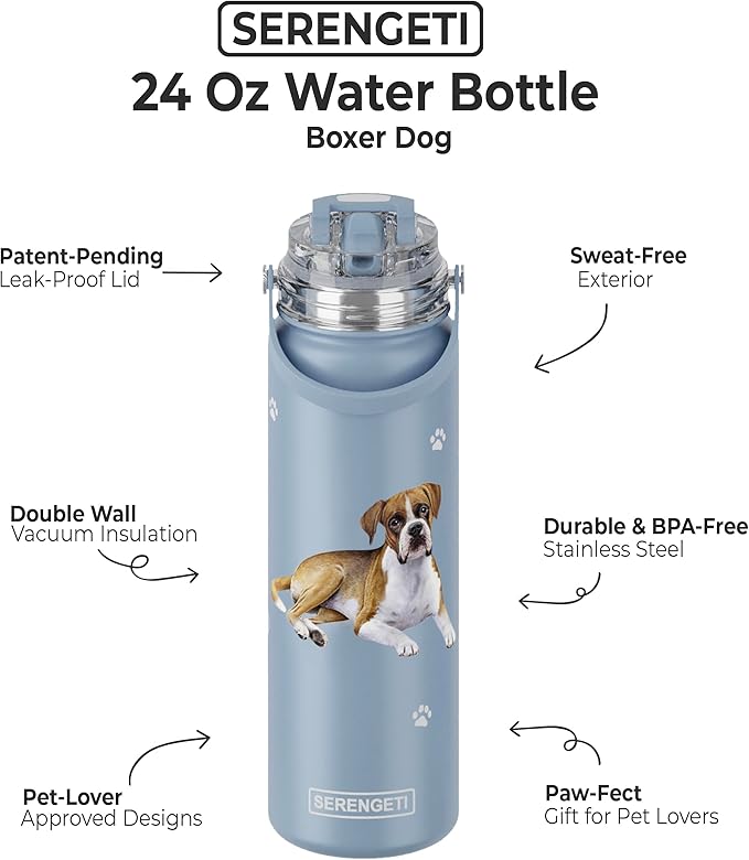 SERENGETI 24 Oz Water Bottle Stainless Steel with Spill Proof Lid - Double walled Vacuum Insulated water flask - Realistic 3D Print of your favorite dog (Boxer)