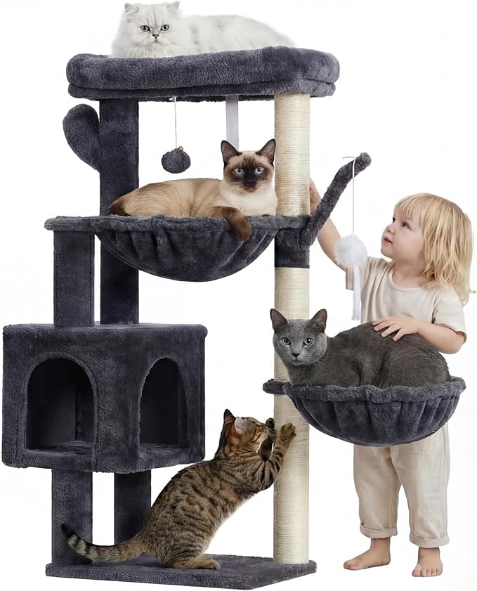 Heybly Cat Tree, 39.4 Inches Tower Condo with Scratching Post, Cat Tower for Indoor Cats, Fully Wrapped Sisal Pole, Soft Platform, 2 Baskets and Dangling Toy, Smoky Gray HCT006SG