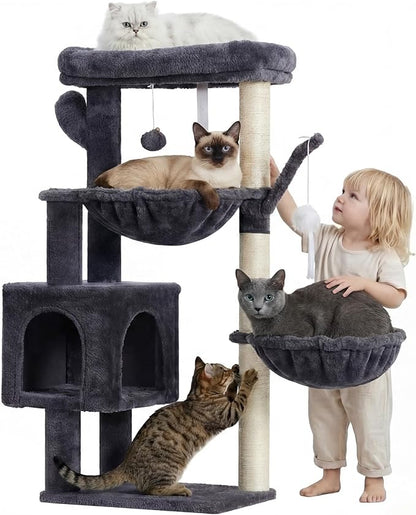 Heybly Cat Tree, 39.4 Inches Tower Condo with Scratching Post, Cat Tower for Indoor Cats, Fully Wrapped Sisal Pole, Soft Platform, 2 Baskets and Dangling Toy, Smoky Gray HCT006SG