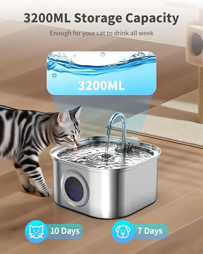 Cat Water Fountain Stainless Steel, 108oz/3.2L Automatic Cat Drinking Fountain, Pet Water Dispenser with Quiet Pump, Suitable for Cats, Dogs and Multi-pet households