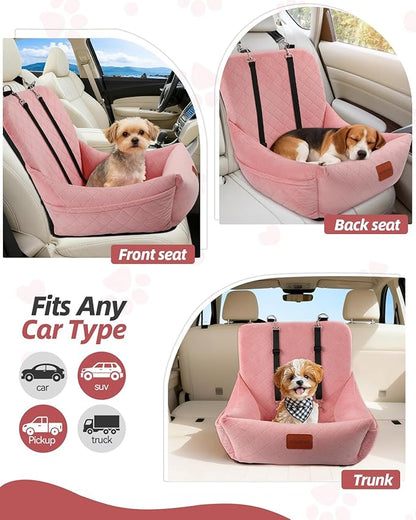 WOOAIDAGG Dog Car Seat for Small Dogs Up to 25lbs,Soft Washable Fabric Fill in Memory Foam,Easy to Assemble with 2 Clip-On Safety Leashes and Storage Pockets,Front or Back Seat are Both OK (Pink)