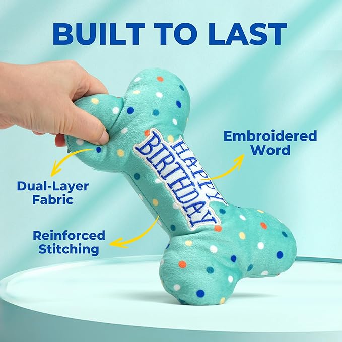 Prime Pets Dog Birthday Toys, Plush Dog Squeaky Toys, Stuffed Puppy Chew Toy for Small Medium Large Dogs, Bone Pet Toy