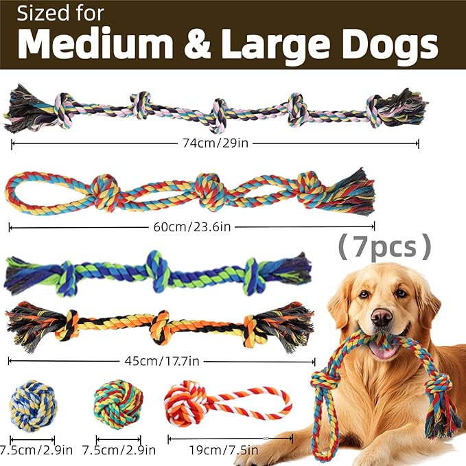Large Dog Rope Toy for Aggressive Chewers, 7 Pack Rope Toy for Dogs Large Medium Breed Tug of War Indestructible Tough Cotton Pet Chew Toys for Training Teething Tug Toys Puppy Essentials
