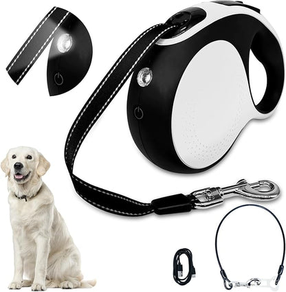 Retractable dog leash with chew-proof cord and LED flashlight, 16-ft heavy-duty dog leash, suitable for Small/medium dogs weighing up to 110 pounds, reflective rope, 360° anti-tangling(White+16ft+LED)