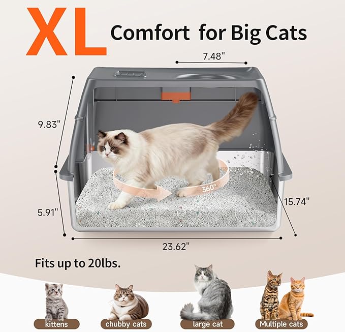 Extra Large Stainless Steel Litter Box with Lid, High Sided Enclosed Metal Cat Litter Pan, Dog Proof Front Entry Top Exit, Odor Control Easy Clean Leak Proof, Includes Mat, Scoop & Step, Grey
