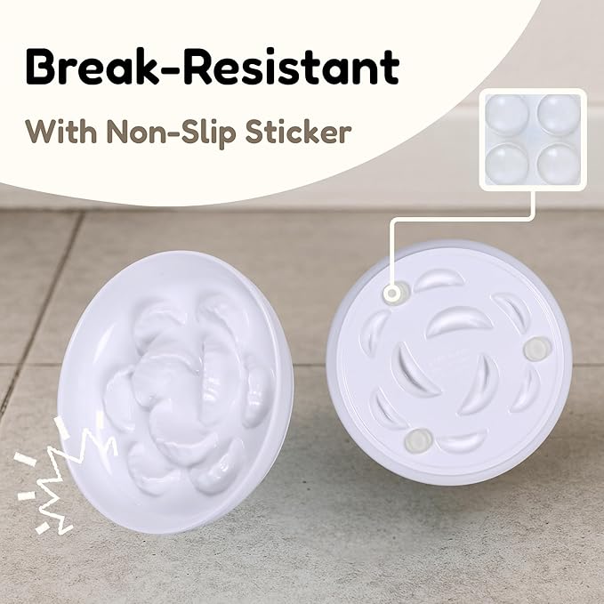 2 Pcs Cat Slow Feeder Bowl Set - Unbreakable Melamine Puzzle cat Bowl for Slow Eating - Cat Dish for Wet & Dry Food- Whisker Friendly & Dishwasher Safe & Non Slip Design - 6.3''W x 1.2''H (White*2)