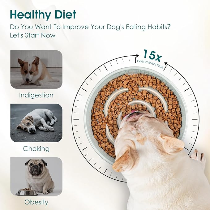 vancasso Slow Feeder Dog Bowl, 0.6 Cups Ceramic Dog Food Dish for Fast Eaters Small Breed, Puzzle Bowl for Small Dogs and Cats, Grayish Cyan