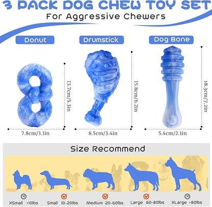 WinTour Indestructible Dog Toys for Aggressive Chewers 3 Pack, Tough Dog Toys for Medium and Large Dogs, Durable Dog Chew Toys for Aggressive Chewers to Keep Them Busy, Bacon Flavor, Blue