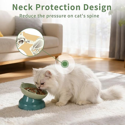 Slow Feeder Cat Bowl, Ceramic Cat Slow Feeder,Elevated Anti Vomiting Whisker Friendly Tilted Design,for Dry and Wet Food,Dishwasher Safe (Green)