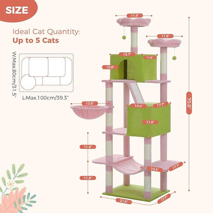 Flower Cat Tree Tall 70.8" for Adult Indoor Cats, 8-Levels Large Cat Tower with 8 Sisal Posts, 2 Hammocks, 2 Condos, Big Perch & 3 Pom Poms for Multi-Cats Household – Carpet Pink
