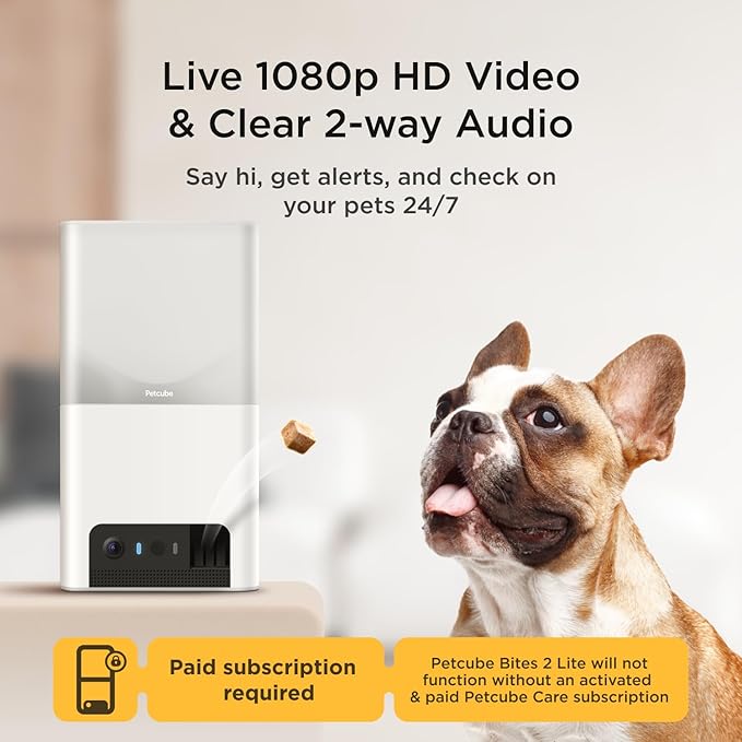 Petcube Bites 2 Lite + Extra Care Service with Smart Alerts [Paid in-App Subscription] | Interactive WiFi Pet Monitoring Camera with Phone App and Treat Dispenser, 1080p HD Video, Night Vision