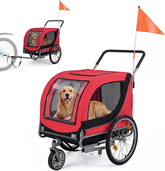 Giantex 2-in-1 Dog Bike Trailer & Pet Stroller for Large Dogs – Foldable Pet Carrier Cart with Front Caster & 2 Air-Filled Tires, Breathable Mesh, PVC Rain Cover, 176 lbs Capacity