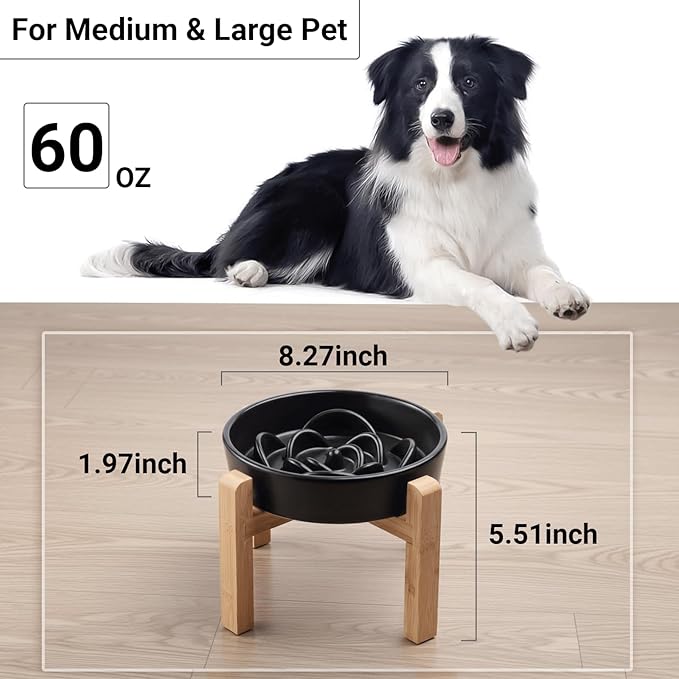 Petygooing 8.66 in Dog Bowl Ceramic Slow Feeder for Medium Large Dogs,Elevated/Raised Slow Feeding Dog Food Water Dish Heavy Weighted,Puzzle Eating Bowl Modern Maze (Black, 8.66in)