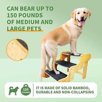 Dog Stairs for Small Dogs,3-Step Bamboo Wooden Dog/Pet/Cat Steps Ramp for Couch Sofa,Bed and Car, Can Support Weighing Up to 160 LB,