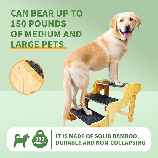 Dog Stairs for Small Dogs,3-Step Bamboo Wooden Dog/Pet/Cat Steps Ramp for Couch Sofa,Bed and Car, Can Support Weighing Up to 160 LB,