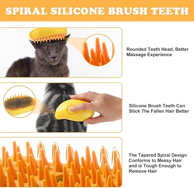 Pet Steam Brush 3-in-1 – Cat & Dog Grooming Brush with Spray – Hair Remover & Deshedding Comb – Silicone Massage Cleaner for Pets