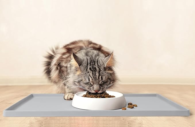 CatGuru Cat Food Mat, Small & Large Pet Feedingd Mat, 100% Waterproof Cat Mats for Food and Water, Silicone Mats for Pet Bowls, Non-Slip Placemat for Water Bowl or Fountain (Small, Silver)