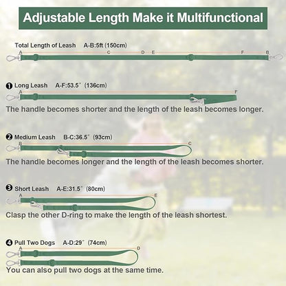 Wisedog Waterproof Dog Leash – 5ft/6ft Adjustable with 2 Metal Swivel Hooks, Easy to Clean Dog Leashes for Small, Medium, Large Breed Dogs (Pine Green S)