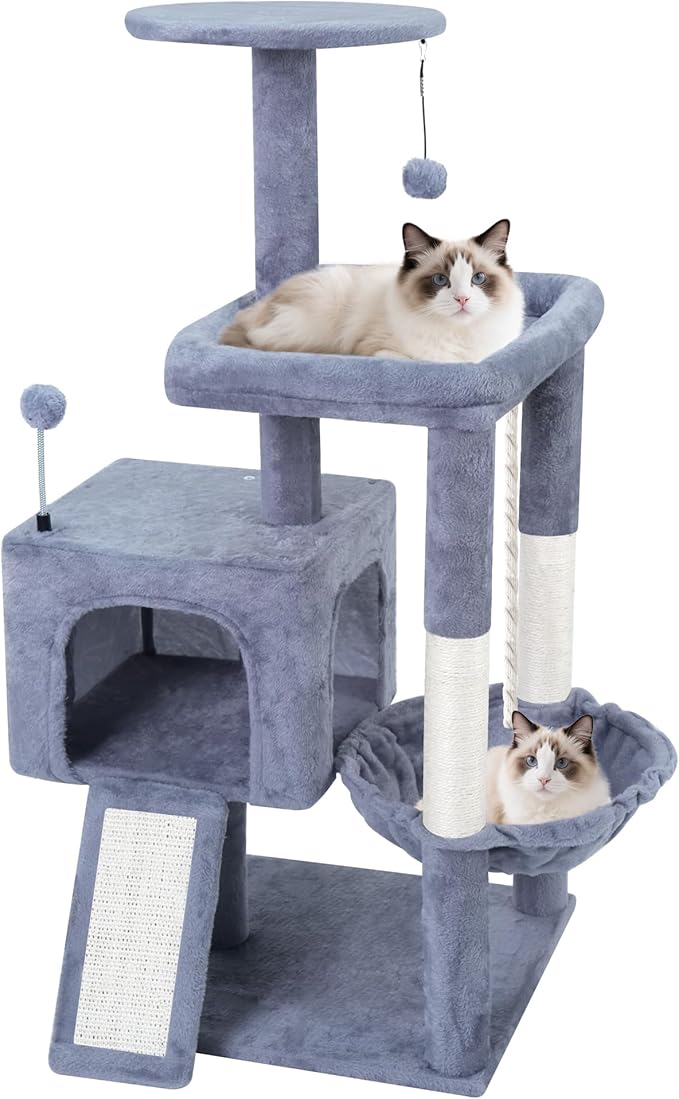 TWDEPART 37.5" All-in-One Cat Tree Tower with Scratching Board & Posts Cozy Sleeping Perch Hammock and Toy Balls,Grey