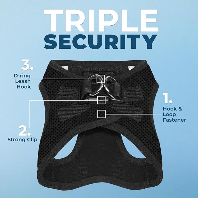 Best Pet Supplies - All Weather Mesh / Plush, Reflective, No Pull Harness for Small, Medium Dogs, Cats - Secure with Hook & Loop Fastener, Buckle, Double D-Rings - Black/Black Trim, L