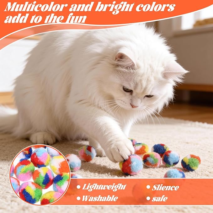 Ouligay 20 PCS Silent Cat Pom Pom Balls Soft Plush Cats Ball 1.6 Inch Rainbow Cat Toy Balls Interactive Lightweight Kitten Puff Ball for Cats Kitten Pet Playing Exercising