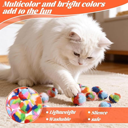 Ouligay 20 PCS Silent Cat Pom Pom Balls Soft Plush Cats Ball 1.6 Inch Rainbow Cat Toy Balls Interactive Lightweight Kitten Puff Ball for Cats Kitten Pet Playing Exercising