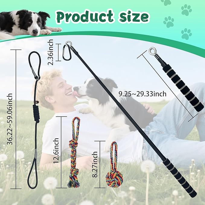 Retractable Flirt Pole for Dogs with Tug Toy Ropes, Lightweight Interactive Pet Training Pole for Small to Medium Dogs (Black)