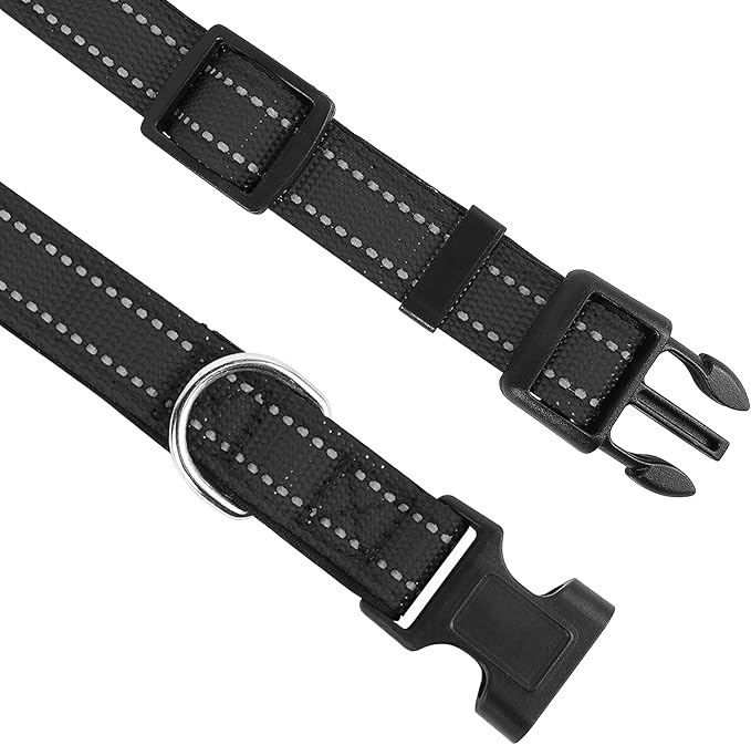 Reflective Dog Collar, Adjustable Soft Neoprene Padded Nylon Pet Collars with Buckle for Puppy and Small Dogs, Cats, Black,XS