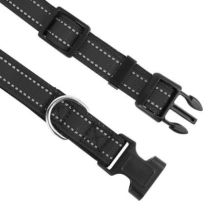 Reflective Dog Collar, Adjustable Soft Neoprene Padded Nylon Pet Collars with Buckle for Large Dogs, Black,L