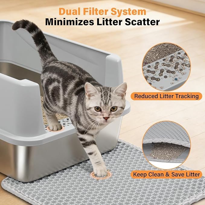 Stainless Steel Cat Litter Box, Metal Kitty Litter Box with High Sides Lid for Kittens, Small or Medium Cats, Open Top Low Entry Litter Pan Include Scoop and Mat, Anti-Urine Leakage, Easy Cleaning, M