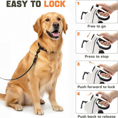Retractable Dog Leash with LED Light & Reflective Tape for Night Walk, 16ft Dog Leash with Poop Bag Dispenser, Chew-Proof Steel Cable, One-Button Brake & Lock for Medium Dogs up to 66 lbs (BLK&WHT)