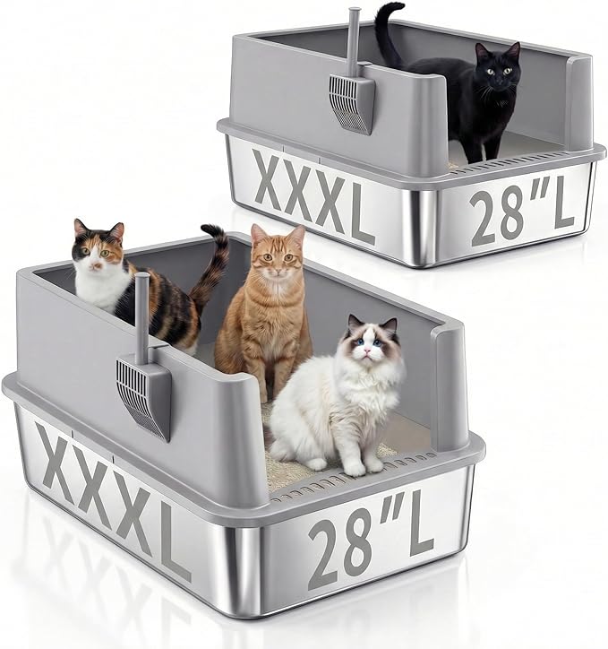 2 Pack 28" Extra Large XXXL Stainless Steel Cat Litter Boxes with Lid Metal Cat Litterbox Pan for Big Cats and Multiple Cats, Anti-Leakage, Easy Cleaning, Include Scoop