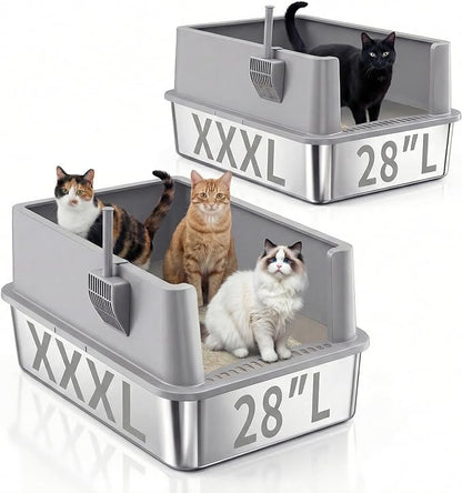 2 Pack 28" Extra Large XXXL Stainless Steel Cat Litter Boxes with Lid Metal Cat Litterbox Pan for Big Cats and Multiple Cats, Anti-Leakage, Easy Cleaning, Include Scoop