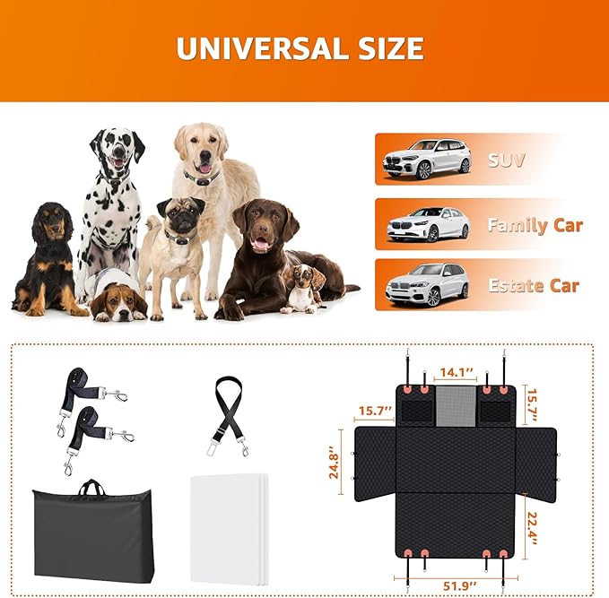Dog Car Seat Cover for Back Seat Anti Scratch Waterproof, Back Seat Extender for Dogs with Door Protection, Hard Bottom Holds 400LBS, Dog Hammock for Car, SUV, Truck, Crew Cab Universal 54" x 59"