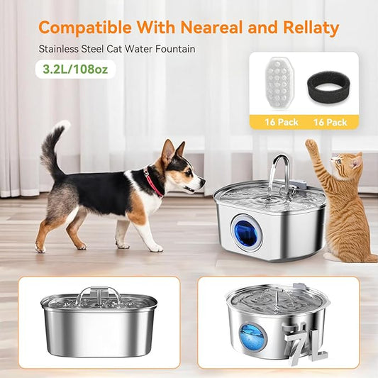 32 Pack Cat Water Fountain Filters for Rellaty and Neareal 3.2L/108oz Automatic Stainless Steel Cat Water Fountain, 16 Activated Carbon Filter + 16 Pre-Filter Sponges
