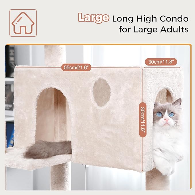 54” Cat Tree with Big Hammock 21x17” XL Cat Tower with Scratching Posts Featuring Large Top Bed, Scratcher Pad, Spacious Condo House and Detectable Ball for Indoor Cats-Large Beige