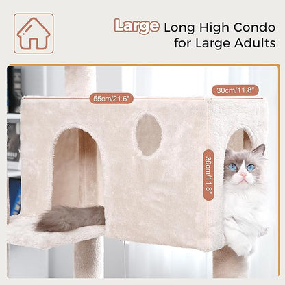 54” Cat Tree with Big Hammock 21x17” XL Cat Tower with Scratching Posts Featuring Large Top Bed, Scratcher Pad, Spacious Condo House and Detectable Ball for Indoor Cats-Large Beige