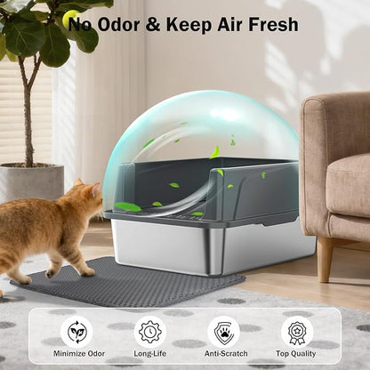 Stainless Steel Cat Litter Box with Lid, High-Sided Metal Litter Pan for Small Cats, Kitty Litter Box, Non-Stick & Odor-Resistant, Anti-Urine Leakage, Easy to Clean, Scoop Included