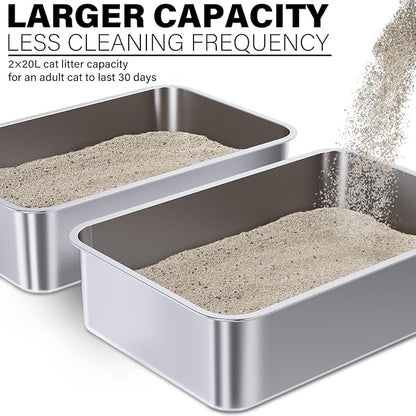 Stainless Steel Litter Box 2 Pack, 23.6" X 15.7" X 6" Steel Litter Box XL No Smell, Extra Large Metal Litterbox for Big Cat, Multiple Cats, Non Stick, Easy Cleaning