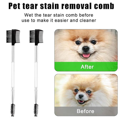 2pcs Double-Headed Soft Bristle Facial Comb, Tear Stain Gunk Remover for Puppy and Cat Grooming (White)