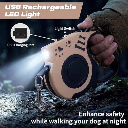Retractable Dog Leash with USB Rechargeable Flashlight for Night Walks, 16FT Automatic Telescopic Tractor Dog Leash for Small and Medium Dogs, Beige